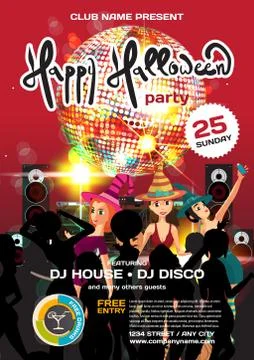 Vector helloween party invitation disco style. Night club, dj, w Stock Illustration