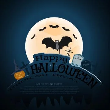 Vector Helloween poster with full moon, flock of bats, vampire, headstone, gr Stock Illustration