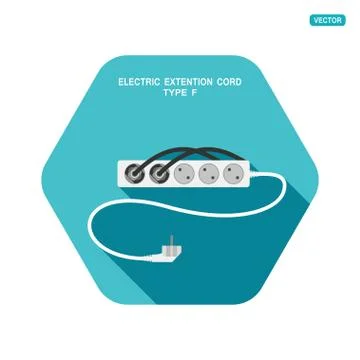 Vector hexagon icon of modern five socket electric extension cord type F with Stock Illustration