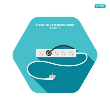 Vector hexagon icon of modern five socket electric extension cord type F with Stock Illustration