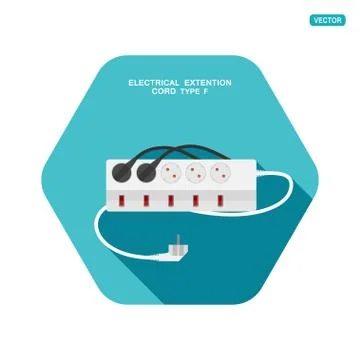 Vector hexagon icon of modern five socket electrical extension cord type F wi Stock Illustration