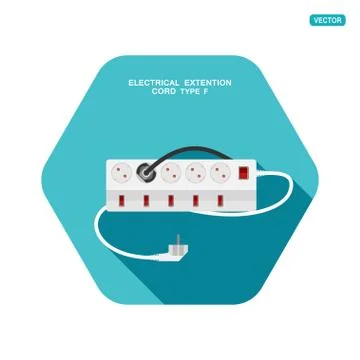 Vector hexagon icon of modern five socket electrical extension cord type F wi 스톡 일러스트