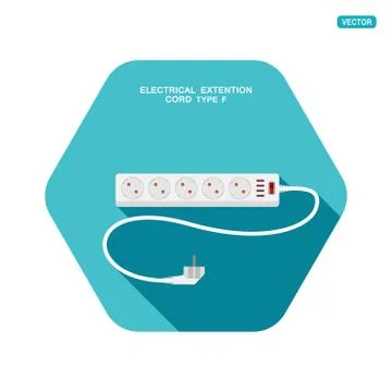 Vector hexagon icon of modern five socket electrical extension cord type F wi Stock Illustration