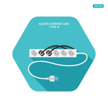 Vector hexagon icon of modern six socket electric extension cord type B with  스톡 일러스트