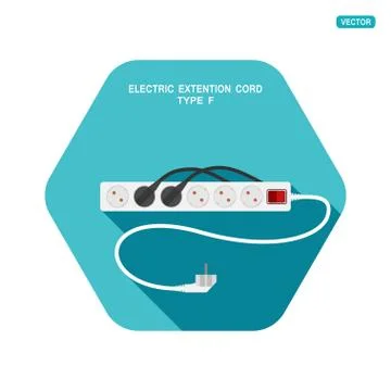 Vector hexagon icon of modern six socket electric extension cord type F with  Stock Illustration