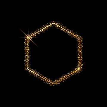 Vector hexagonal gold frame with glitter and flares. 库存插图