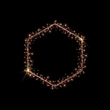 Vector hexagonal gold frame with glitter and flares. Stock Illustration