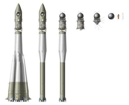 Vector hi-detailed space rocket with first spaceship Stock Illustration