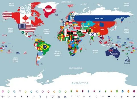 Vector high detailed map of the world jointed with countries flags Stock Illustration