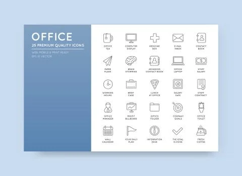Vector High Qulaity Office Outline Icons Set Illustrazione stock