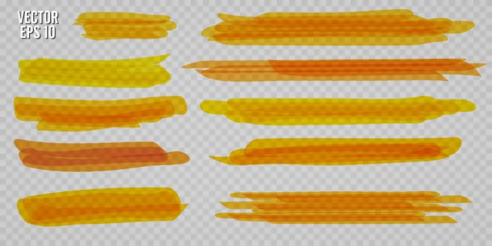 Vector highlighter brush set. Hand drawn yellow highlight marker stripes. Stock Illustration