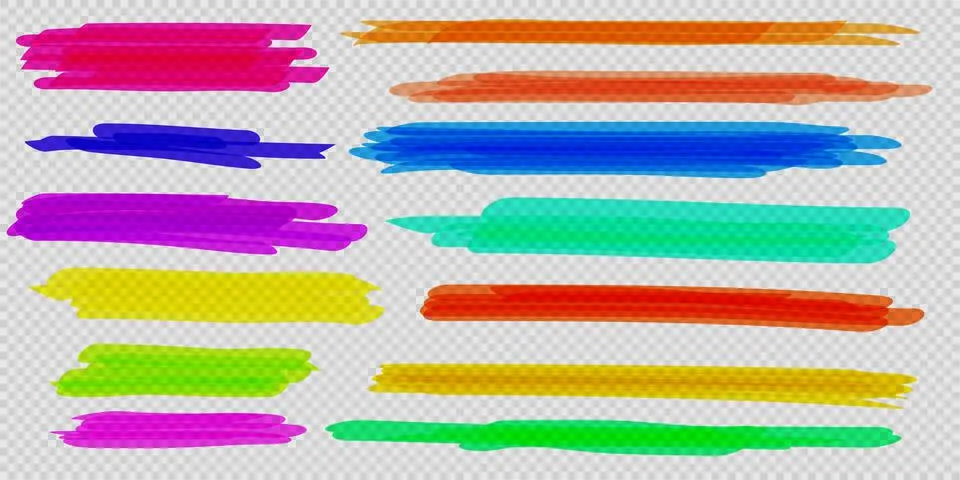 Vector highlighter brush set. Hand drawn yellow highlight marker stripes. Illustrazione stock