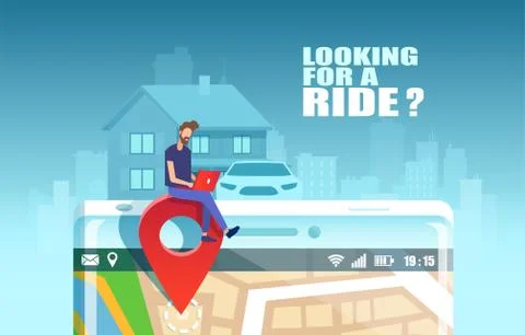 Vector of a hipster guy planning a city trip using mobile application to sear Illustrazione stock