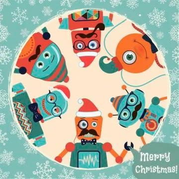 Vector Hipster Retro Robots Christmas Card Illustration Stock Illustration