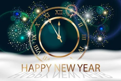 Vector Holiday Fireworks Background with gold old clock. Happy New Year 2018 Stock Illustration