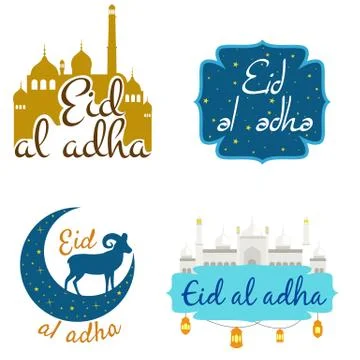 Vector holiday named Eid Al Adha Festival of Sacrifice label. lettering com.. Stock Illustration