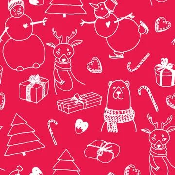 Vector holiday seamless surface pattern. Hand drawn presents, Christmas trees Stock Illustration