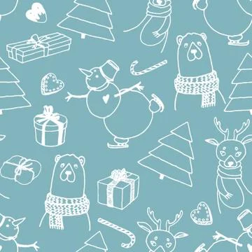 Vector holiday seamless surface pattern. Hand drawn presents, Christmas trees Stock Illustration