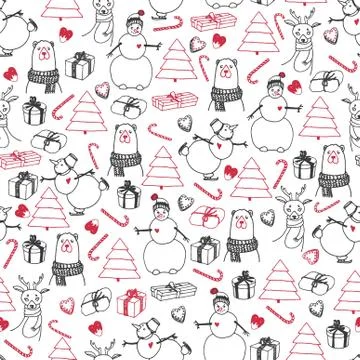 Vector holiday seamless surface pattern. Hand drawn presents, Christmas trees Stock Illustration