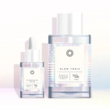 Vector Holographic Iridescent Round Bottle &amp; Dropper Bottle Packaging Stock Illustration