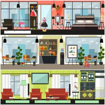 Vector home and office cleaning interior poster, banner set Stock Illustration