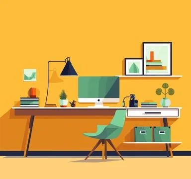 Vector Home Office Desk Setting Scene Ilustración de archivo