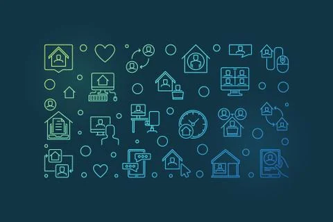 Vector Home Office linear vector colorful horizontal banner Stock Illustration