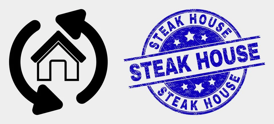 Vector Home Refresh Arrows Icon and Distress Steak House Seal Stock Illustration