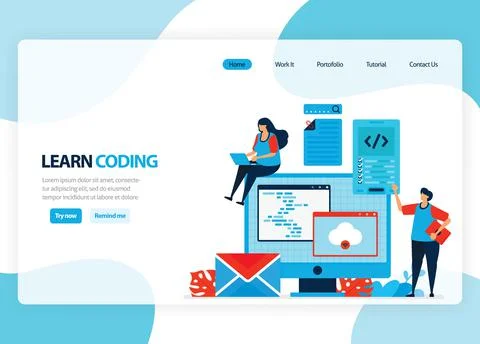 Vector homepage for learning programming and coding. Application development  Illustrazione stock