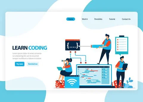 Vector homepage for learning programming and coding. Application development  Stock Illustration