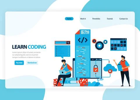 Vector homepage for learning programming and coding. Application development  Stock Illustration