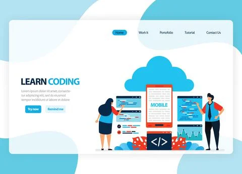 Vector homepage for learning programming and coding. Application development  Stock Illustration
