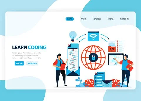 Vector homepage for learning programming and coding. Application development  Stock Illustration
