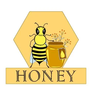 Vector honey bee hand drawn illustrations Jar and bee in honeycomb, flower ob Stock Illustration