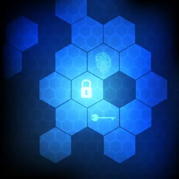 Vector : Honeycomb with lock key and finger paint on blue background Stock Illustration