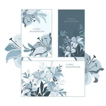 Vector horizontal and vertical floral banners with blue lilies on white and dark Stock Illustration