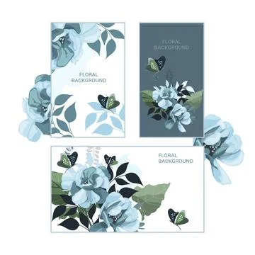 Vector horizontal and vertical floral banners with blue flowers and butterflies Stock Illustration