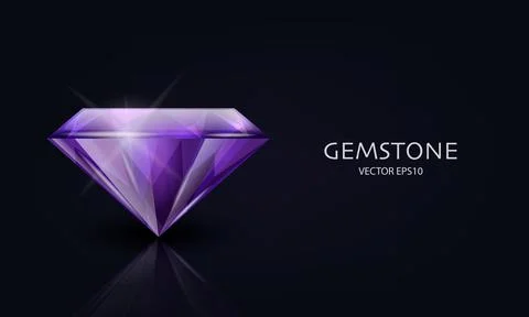 Vector Horizontal Banner with 3d Realistic Purple Transparent Gemstone, Diamond Stock Illustration