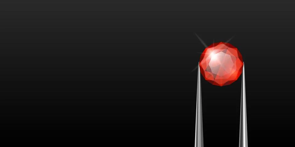 Vector Horizontal Banner with 3d Realistic Red Diamond in Tweezers on Black Stock Illustration