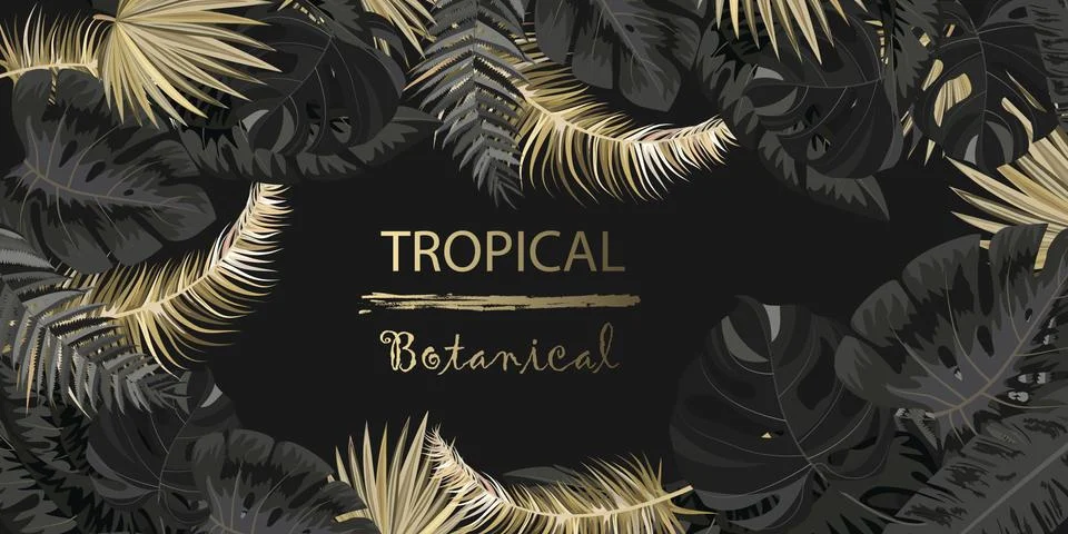 Vector horizontal banner with gold, silver and black tropical leaves on dark  Ilustração Stock