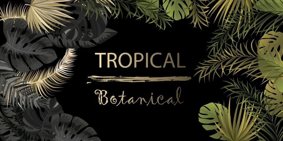 Vector horizontal banner with gold, silver and black tropical leaves on dark Stock Illustration