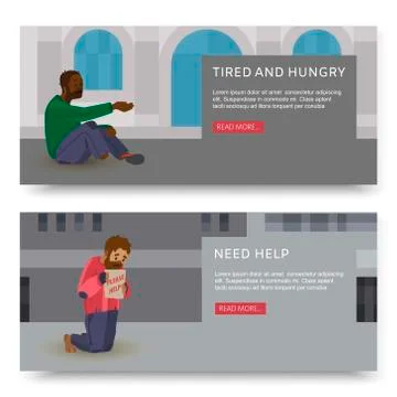 Vector horizontal banners with illustrations of poor and homeless peoples Stock Illustration