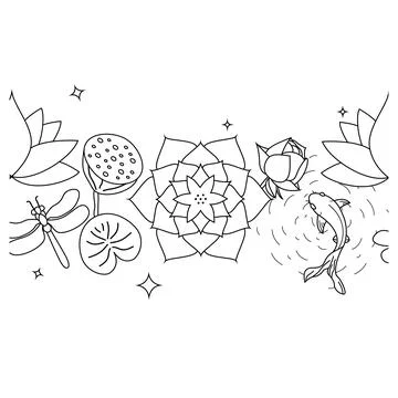 Vector horizontal black and white seamless border with lotus flowers silhouet Illustrazione stock