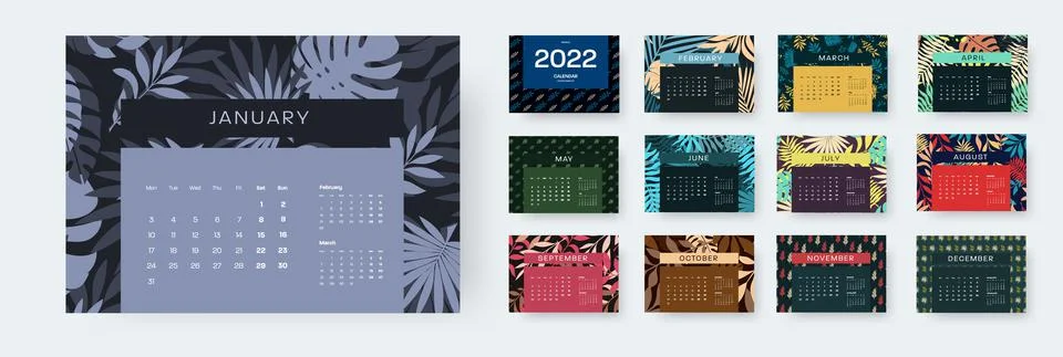 Vector horizontal calendar 2022 template, tropical pattern, colored, black in Stock Illustration