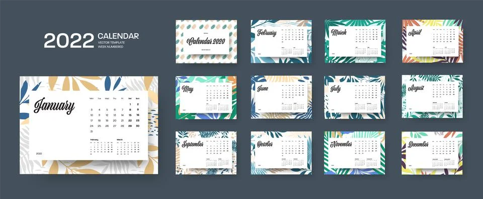 Vector horizontal calendar 2022 template, colorful tropical pattern, white in Stock Illustration