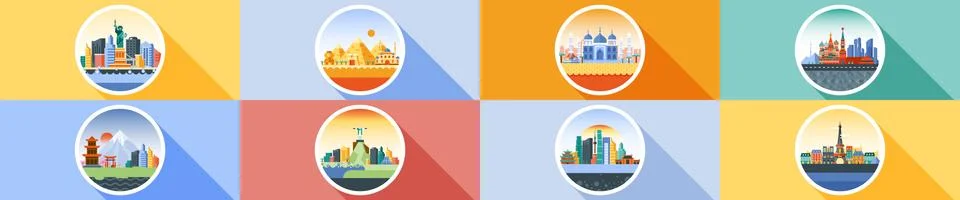 Vector horizontal icon circle flat style architecture buildings town city Stock Illustration