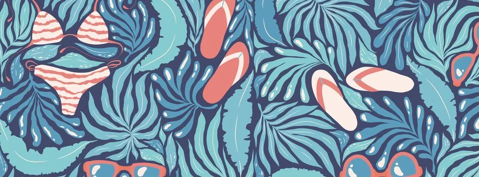 Vector horizontal illustration with abstract tropical plants, beach attribu.. Stock Illustration