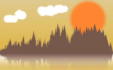 Vector horizontal illustration of forest thickets on river at sunset. Vect... Stock Photos