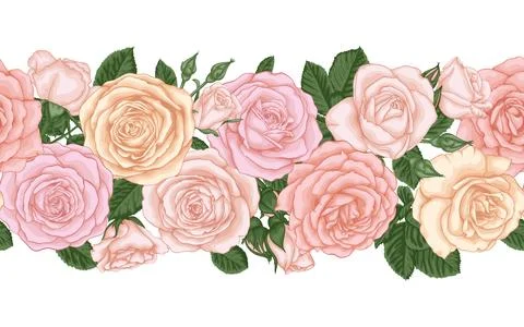 Vector horizontal seamless background with pink roses, buds and leaves. des.. イラスト素材