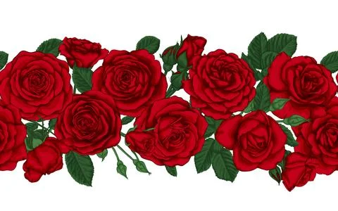 Vector horizontal seamless background with red roses, buds and leaves. desi.. Illustrazione stock